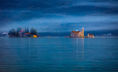 Church of Our Lady of Skrpjela and Saint George Monastery islands in Montenegroの写真素材