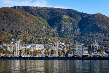View of Tivat sea port bay from the water with ships in Montenegroの写真素材