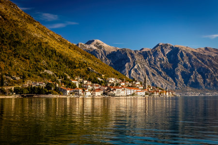 Scenic panoramic view of Perast old town in bay of Kotor Montenegroの写真素材