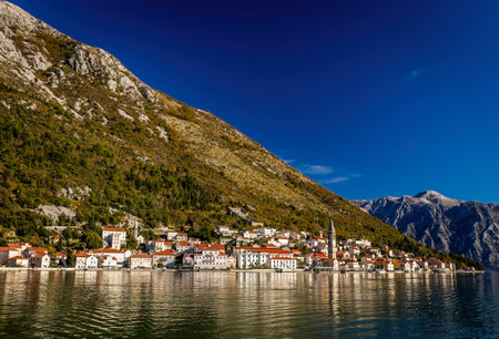 Scenic panoramic view of Perast old town in bay of Kotor Montenegroの写真素材