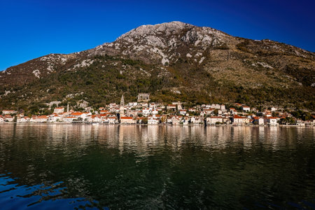 Scenic panoramic view of Perast old town in bay of Kotor Montenegroの写真素材