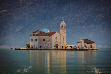 Scenic view of Church of Our Lady of Skrpjela in the morning sun in Montenegro