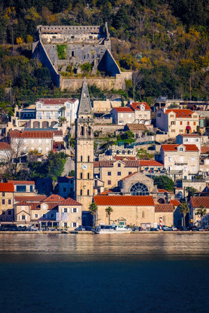 Scenic panoramic view of Perast old town in bay of Kotor Montenegroの写真素材