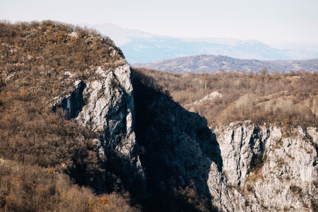 Scenic Durmitor national park panorama at sunny winter day with mountainsの写真素材