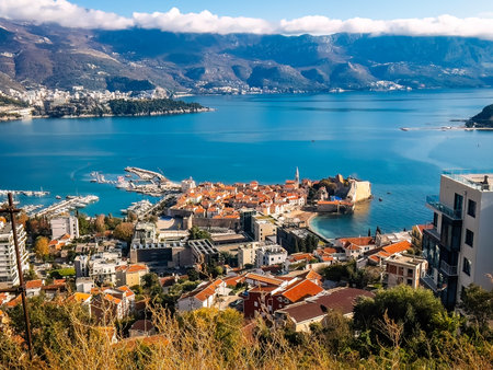Scenic view of Budva old town center bay from above at sunny dayの写真素材