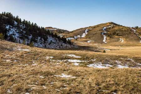 Scenic Durmitor national park panorama at sunny winter day with mountainsの写真素材
