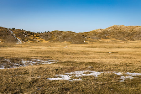 Scenic Durmitor national park panorama at sunny winter day with mountainsの写真素材