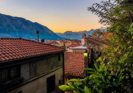 Beautiful cityscape of Kotor old town at sunset in Montenegroの写真素材
