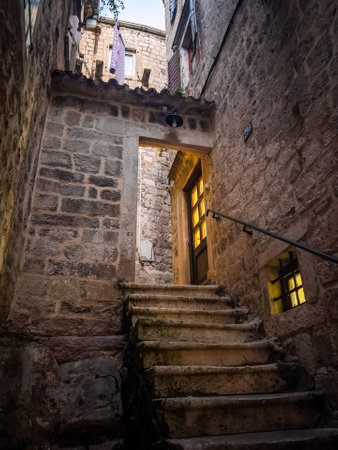 Charming stone streets of Kotor old town at night illuminatedの写真素材