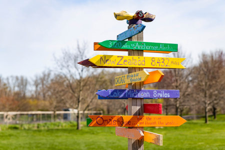 Photo of vibrant multi-directional sign pointing to countries at Windmill Island Gardens in Holland...