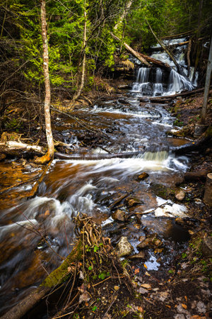 Photo of Wagner Falls flowing through forest at Pictured Rocks National Lakeshore in Michigan showing natural beauty and peaceful woodland.の写真素材