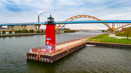Aerial View of Milwaukee Pierhead Lighthouse and Hoan Bridge at summer dayの写真素材