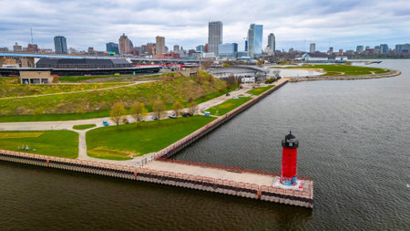 Aerial View of Milwaukee Pierhead Lighthouse and Hoan Bridge at summer dayの写真素材