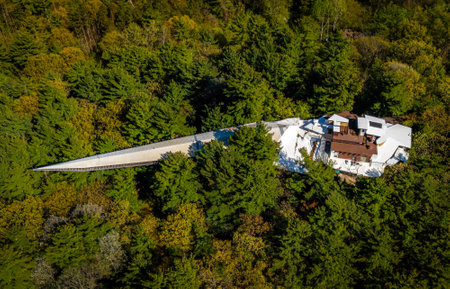 Infinity Room extending from House on the Rock in Wisconsin, showing its dramatic architecture suspended above forested landscapeの写真素材