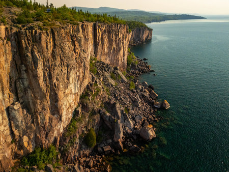Aerial view of the scenic cliffs at Palisade Head on Lake Superior, showcasing the dramatic landscape and stunning coastlineの写真素材