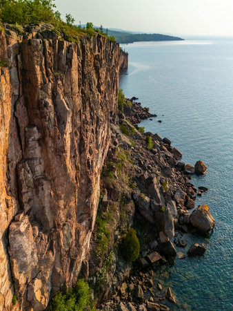 Aerial view of the scenic cliffs at Palisade Head on Lake Superior, showcasing the dramatic landscape and stunning coastlineの写真素材