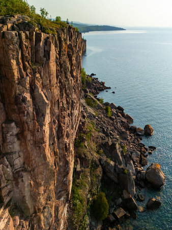 Aerial view of the scenic cliffs at Palisade Head on Lake Superior, showcasing the dramatic landscape and stunning coastlineの写真素材