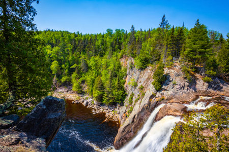 A scenic view of High Falls from above in Tettegouche State Parkの写真素材