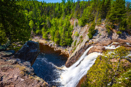 A scenic view of High Falls from above in Tettegouche State Parkの写真素材