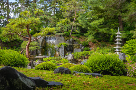 Beautiful Japanese garden view with waterfall and pond at Minnesota Arboretumの写真素材