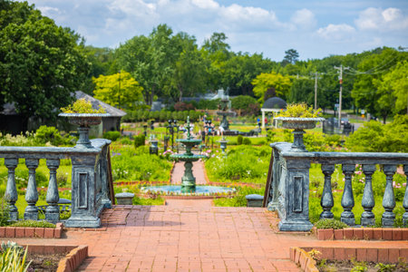 Magnificent Fountains of Munsinger Gardens in Summer around lush green gardenの写真素材