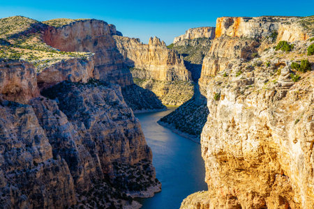 Scenic View of Bighorn Canyon River Bend at sunset from State Line Trailの写真素材