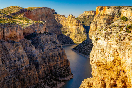 Scenic View of Bighorn Canyon River Bend at sunset from State Line Trailの写真素材