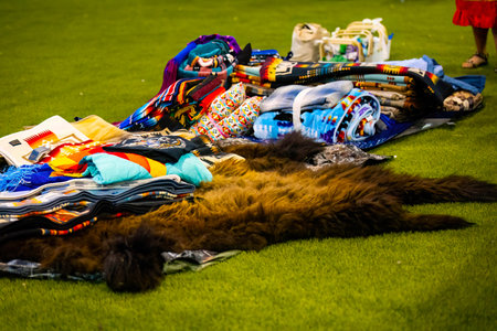 A traditional Native American tribal throw blankets and bison fur