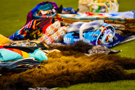 A traditional Native American tribal throw blankets and bison fur