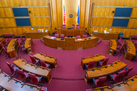 The dignified interior of the State Senate Chamber within the North Dakota State Capitol in Bismarck