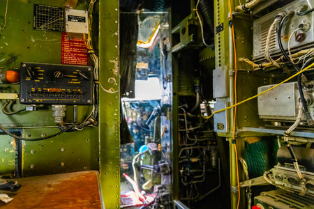 Controls and equipment inside vintage US Air Force Plane close up