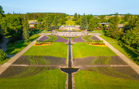 Aerial drone view of International Peace Garden on vibrant summer sunset