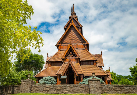 The Gol Stave Church Museum, a meticulous replica located in Minot's Scandinavian Heritage Parkの写真素材