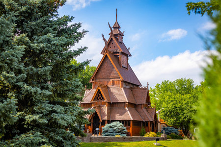 The Gol Stave Church Museum, a meticulous replica located in Minot's Scandinavian Heritage Parkの写真素材
