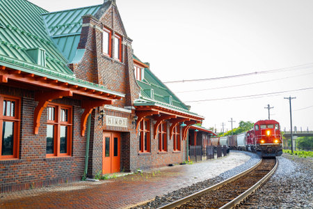 Commercial Red Freight Train Close-Up at Minot Station NDの写真素材