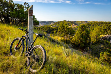 Mountain biking the Maah Daah Hey Trail in North Dakotaの写真素材