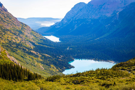 Grinnell lake, lake Josephine and Sherburne lakes view from Grinnell Trail in Glacier National Park