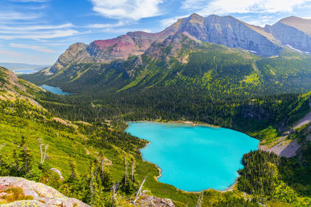 Grinnell lake, lake Josephine and Sherburne lakes view from Grinnell Trail in Glacier National Park