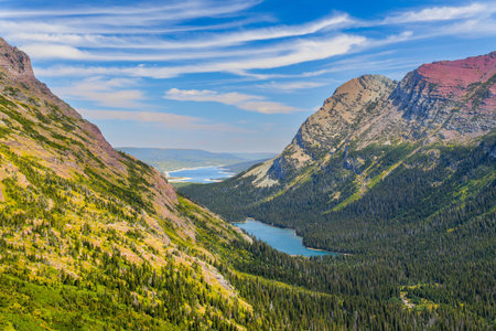 Lake Josephine and Sherburne lakes scenic view from Grinnell Lake Trail in Glacier National Park