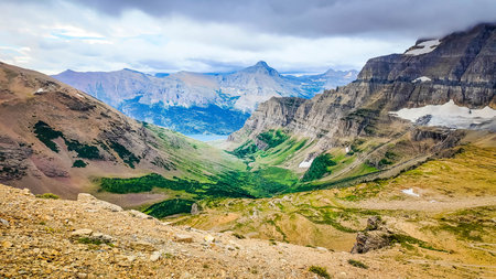 Panoramic view of the Mountain's valley from Siyeh Pass Trail in Glacier National Park