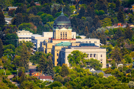 A panoramic aerial view of the Montana State Capitol is captured in Helena, showcasing the iconic building and its grounds from a unique elevated perspectiveの写真素材