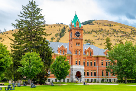University Hall, also known as Main Hall, is the oldest building at the University of Montana, designed in the Richardsonian Romanesque styleの写真素材
