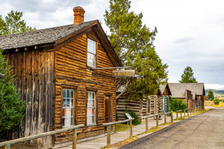 A collection of old, vintage wooden buildings captured at the Nevada City Living History Museum in Montanaの写真素材