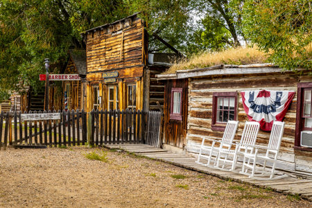 A collection of old, vintage wooden buildings captured at the Nevada City Living History Museum in Montanaの写真素材