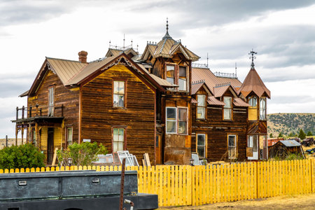 A collection of old, vintage wooden buildings captured at the Nevada City Living History Museum in Montanaの写真素材