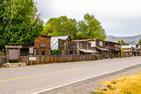 A collection of old, vintage wooden buildings captured at the Nevada City Living History Museum in Montanaの写真素材