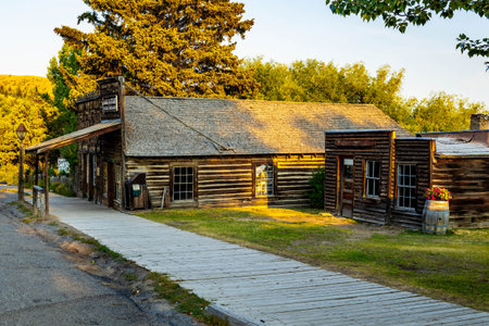 The historic buildings and wooden storefronts of Virginia City, a preserved ghost town and popular tourist destination in Montanaの写真素材