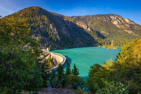 The Diablo Dam, a major hydroelectric concrete arch-gravity dam, is captured on the Skagit River,...
