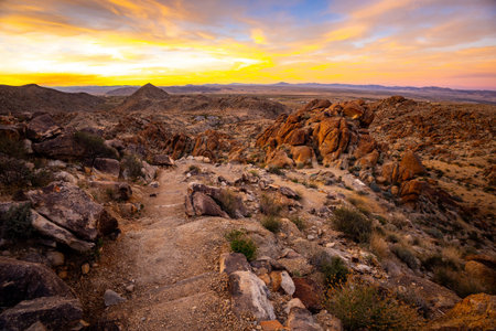 Panoramic sunset view overlooking the desert landscape from Fortynine Palms Oasis Trail in Joshua...