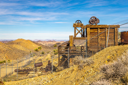 Ruins of an abandoned historic gold mine appear along the Lost Horse Loop Trail in Joshua Tree...